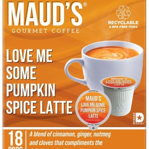 Maud’s Pumpkin Spice Latte (Love Me Some Pumpkin Spice), 18 ct. Cápsulas de café reciclables con sabor a especias de calabaza de una sola porción Maud’s Pumpkin Spice Latte (Love Me Some Pumpkin Spice), 18 ct. Cápsulas de café reciclables con sabor a especias de calabaza de una sola porción