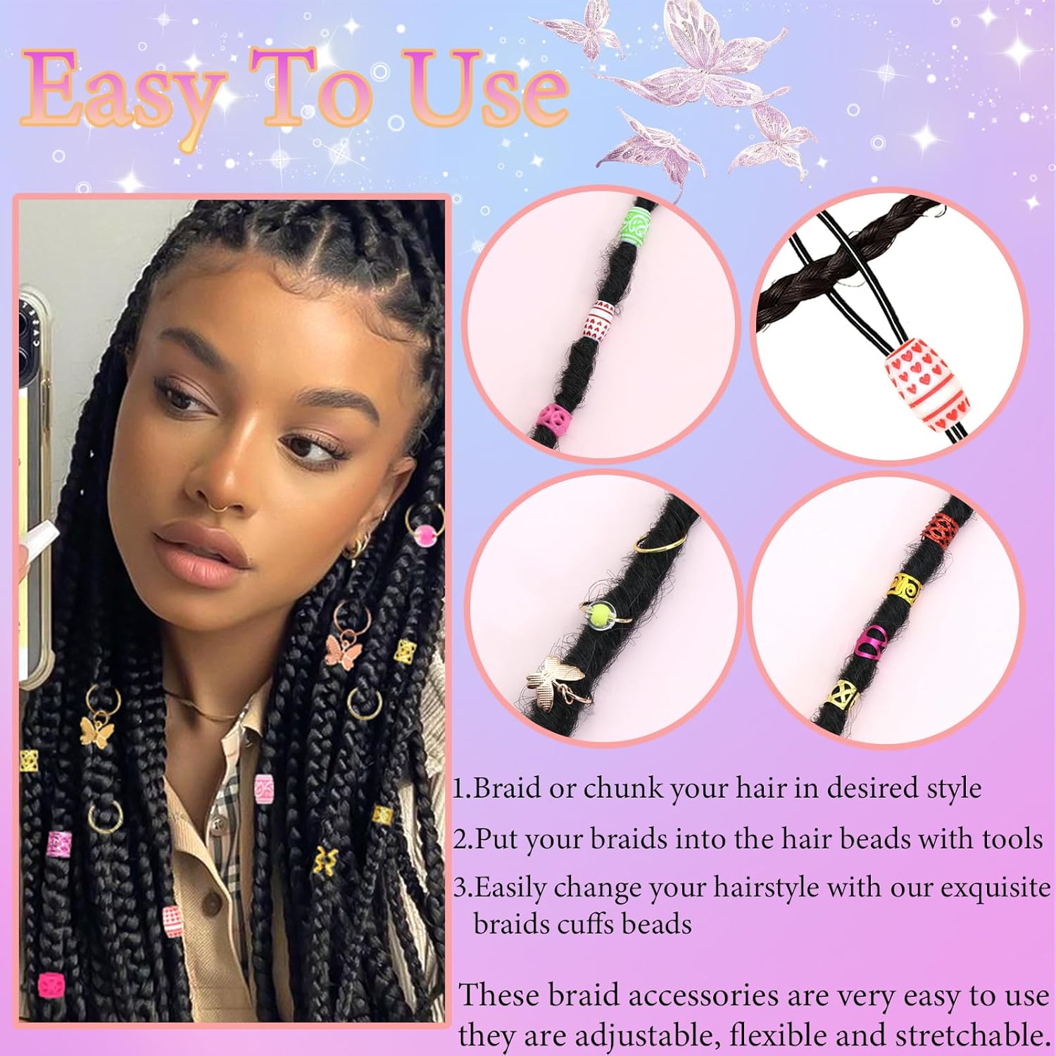 247 piezas de joyería para el cabello para trenzas de colores mixtos, cuentas de rastas de aleación de metal, anillos de trenzas de estilo múltiple,