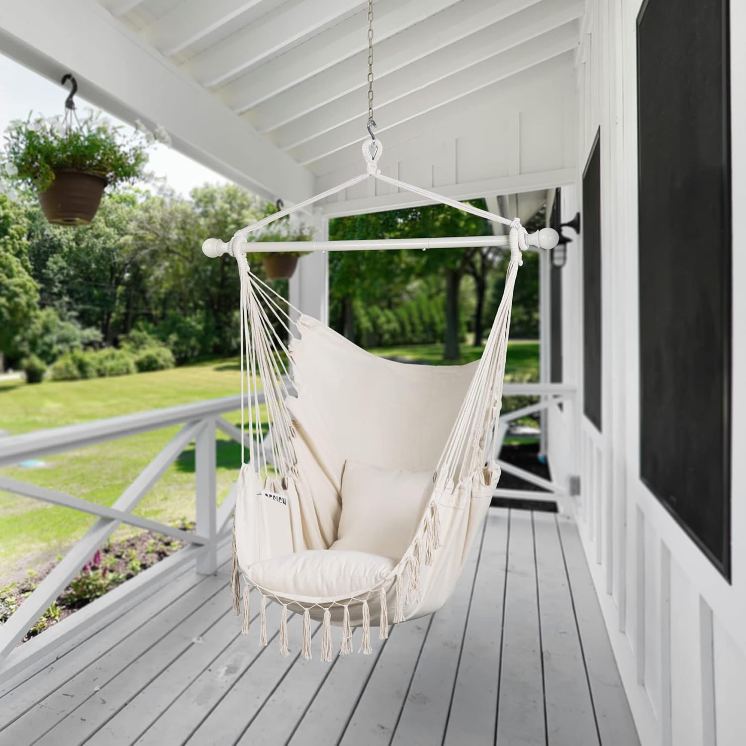 SUNCREAT – Silla de hamaca para colgar con cuerda, capacidad máxima de 450 libras, columpio colgante de macramé extragrande con bolsillo lateral,