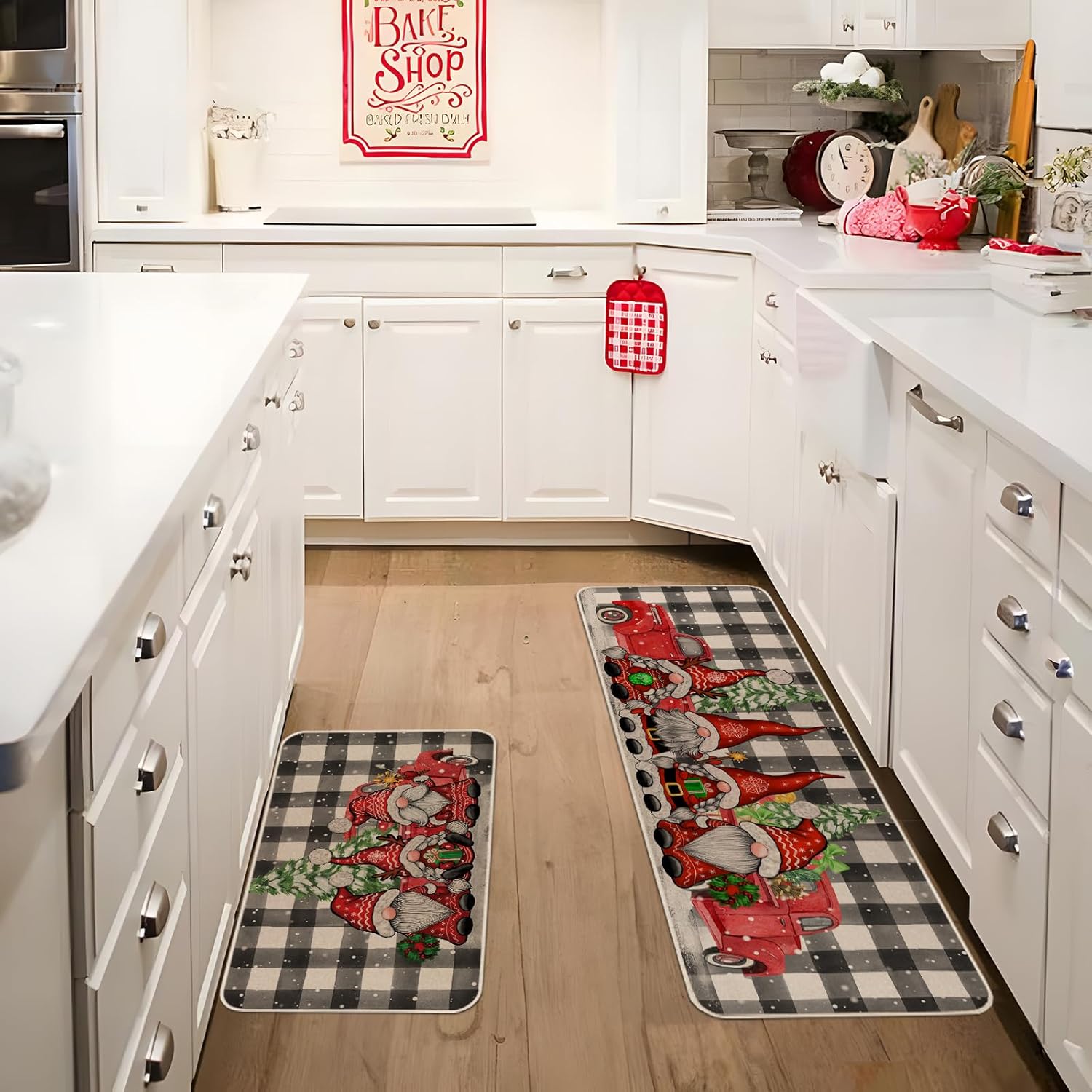 Juego de 2 alfombras de cocina de gnomo de Navidad con diseño de búfalo navideño, tapete de goma antideslizante para puerta de bienvenida para el