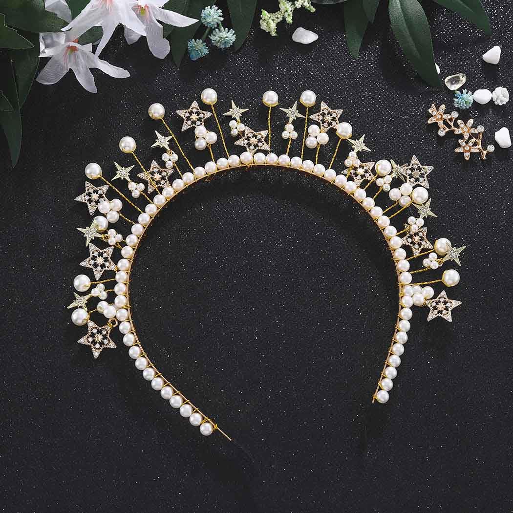 Urieo Corona con halo de estrellas, perlas doradas, diadema de diosa, tiara fina de cristal, accesorios para el cabello hechos a mano para mujeres