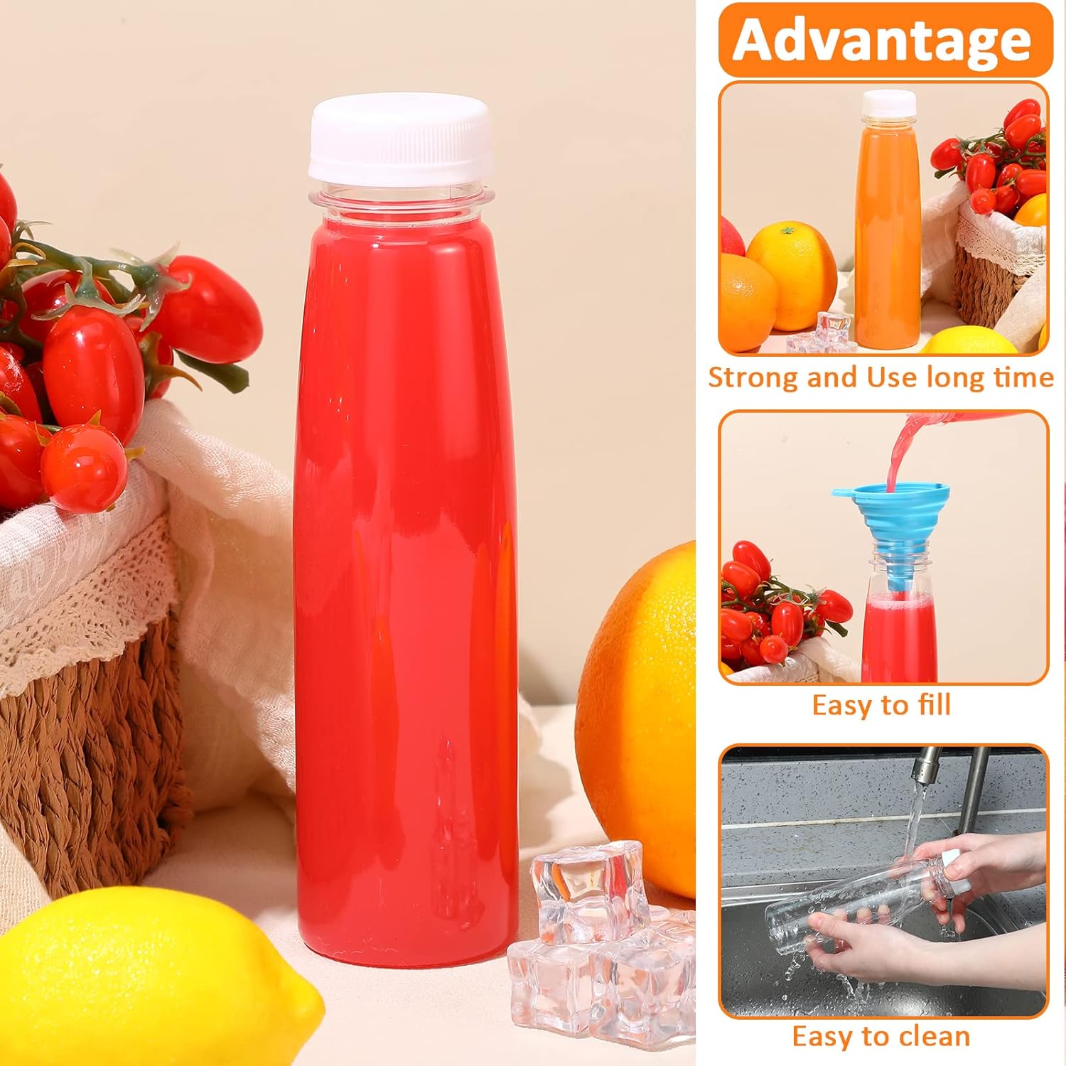 Tanlade 100 botellas de plástico para jugos con tapas, recipientes transparentes reutilizables para bebidas, botellas vacías para jugos caseros,