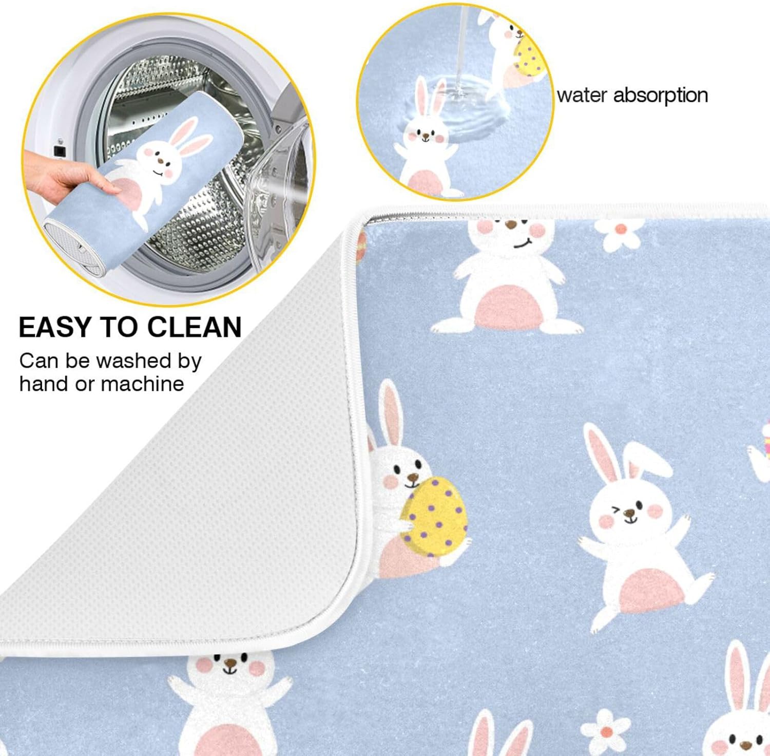 Happy Bunny Easter Eggs Dish Mat Washnable Absorbent Kitchen Mat Counter Dry Matt Tapete Para Cocina 16” x 18”