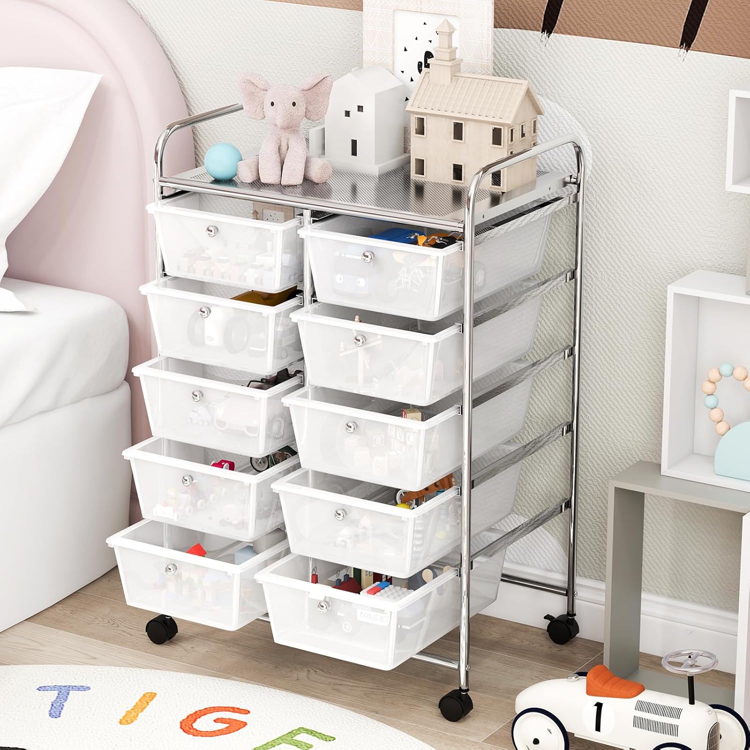 GOFLAME Carrito de almacenamiento con ruedas de 10 cajones, organizador de almacenamiento de manualidades sobre ruedas, carrito móvil multiusos para