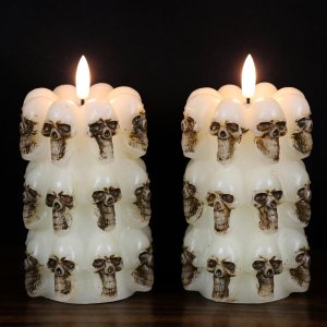 DRomance Velas sin llama apiladas de calavera con control remoto de 10 teclas y temporizador, paquete de 2 velas LED parpadeantes de cera real con DRomance Velas sin llama apiladas de calavera con control remoto de 10 teclas y temporizador, paquete de 2 velas LED parpadeantes de cera real con