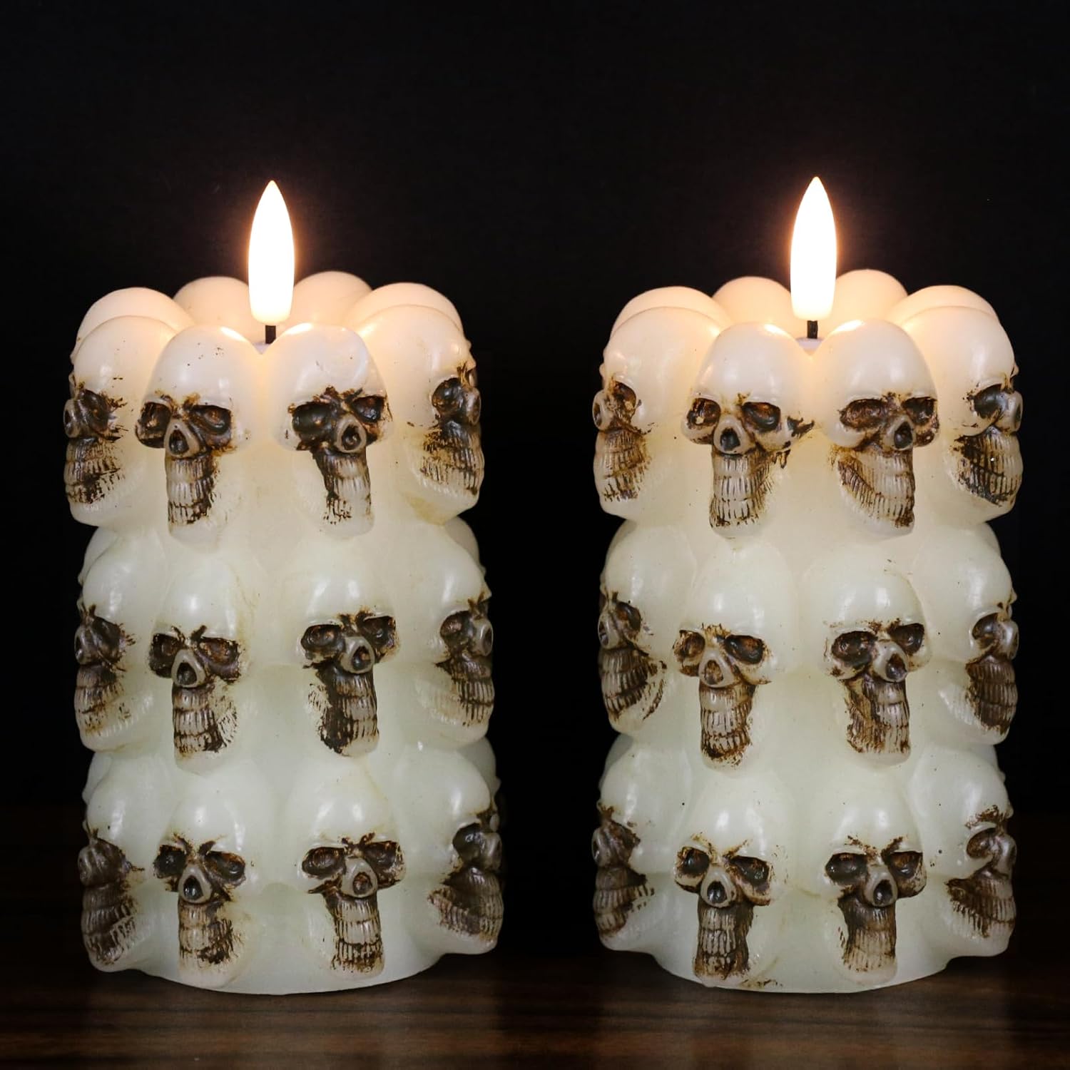 DRomance Velas sin llama apiladas de calavera con control remoto de 10 teclas y temporizador, paquete de 2 velas LED parpadeantes de cera real con