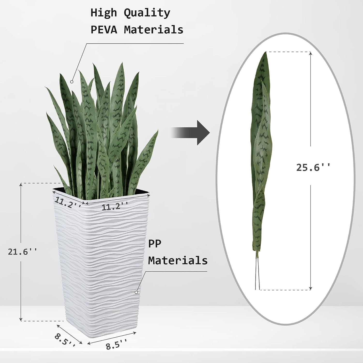 Worth Jardín artificial 20 plantas de serpiente verde de 25.6 pulgadas y 2 macetas altas blancas de 22 pulgadas, contenedores de árbol de 7 galones,
