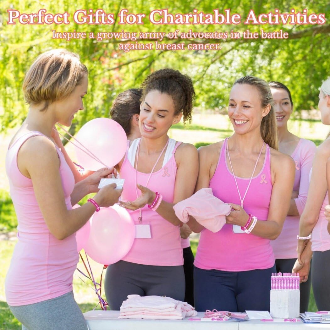 108 piezas de accesorios de concientización sobre el cáncer de mama, bolígrafos de bola con cinta rosa, pulseras de silicona, broches de aleación,