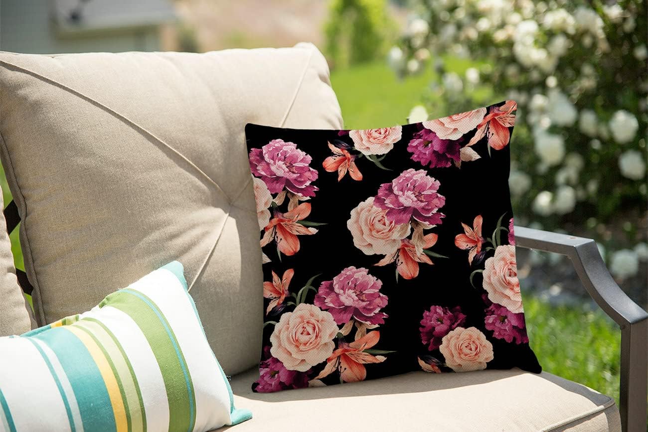 Funda de almohada floral, color negro y morado, diseño de rosas Shabby Chic para sofá y dormitorio, fundas de almohada de arpillera para hombres,