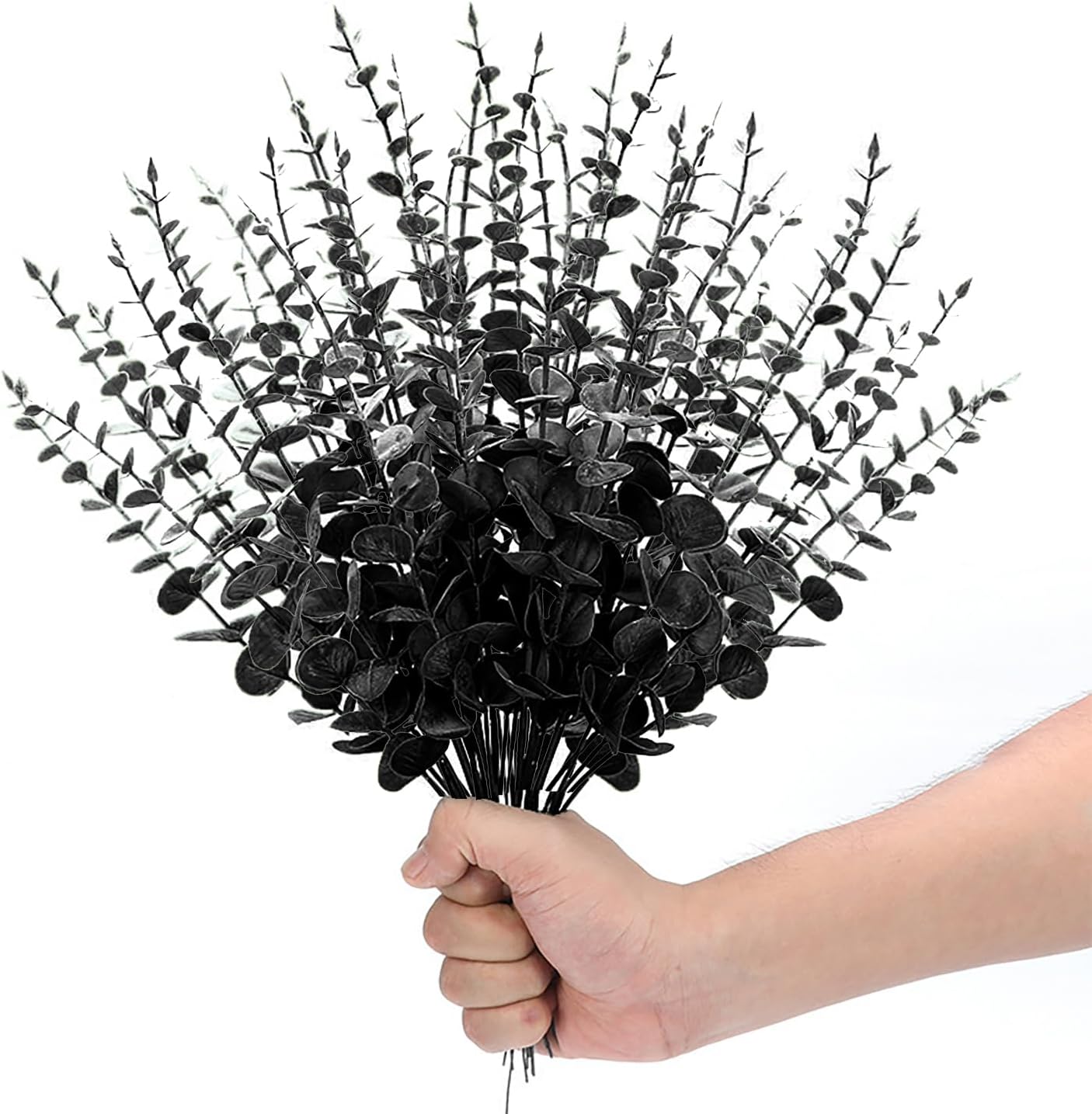 40 tallos de eucalipto negro, flor falsa de Halloween, ramas de eucalipto sintético, ramo floral de Halloween negro para decoración de centro de