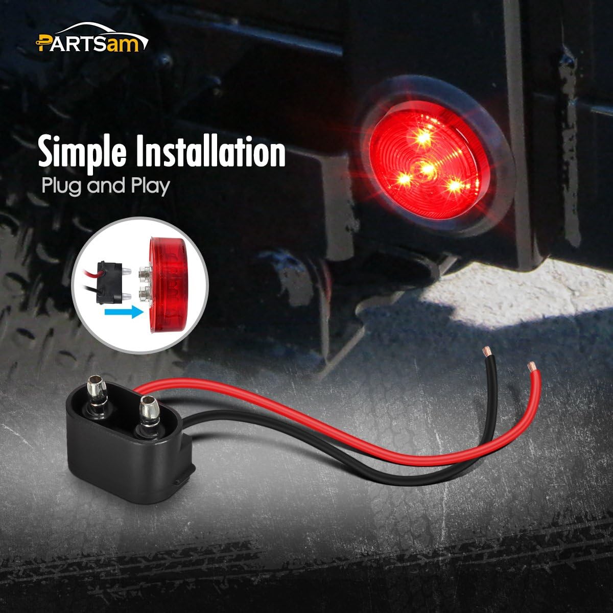 Partsam Juego de 2 luces LED rojas para remolque redondo de 2 pulgadas con enchufe y ojal, 4 LED, montaje empotrado rojo de 2 pulgadas, luces LED