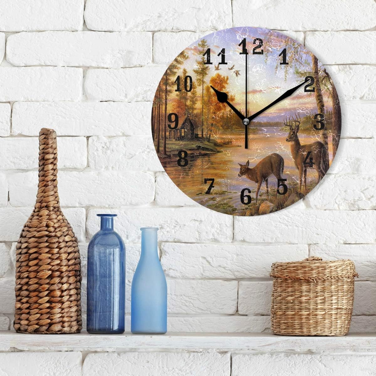 AUUXVA Reloj de pared con diseño de bosque, ciervo, árbol, río, silencioso, sin tictac, para cocina, sala de estar, dormitorio, hogar, obras de