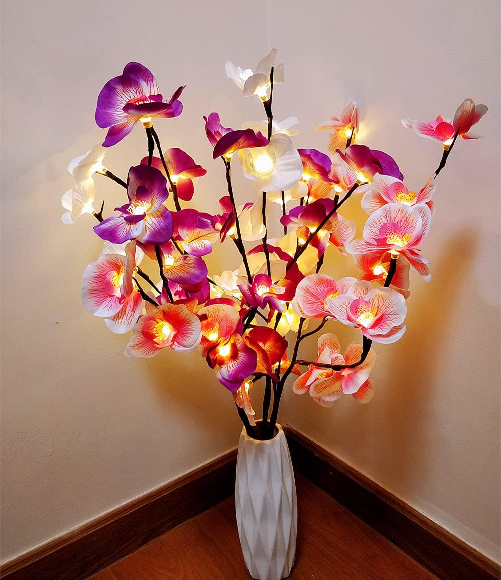 Fantasee Luces de ramita de orquídea, 20 luces LED artificiales de rama de Phalaenopsis alimentadas por pilas, luces de decoración de ramas