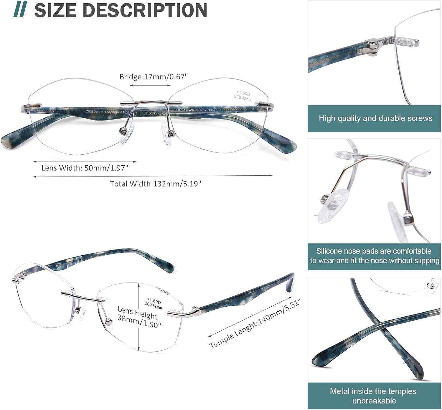 AQWANO Anteojos de lectura para computadora sin montura para mujer, diseño de moda, bloqueo de luz azul con protección UV400, marco de patrón de