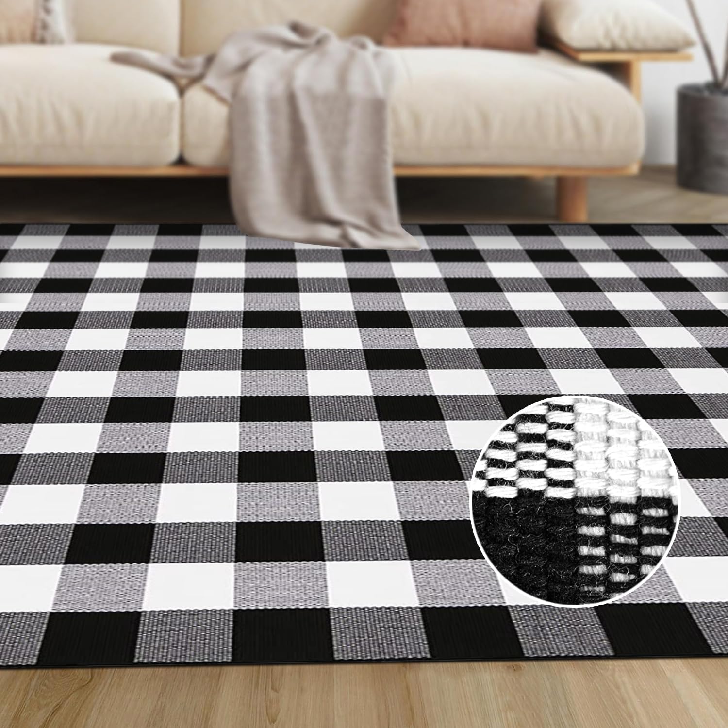 LHLJOYU Buffalo – Alfombra de algodón tejida a mano con diseño de cuadros, color blanco y negro, 5.5 x 7.5 pies, alfombra lavable para exteriores,