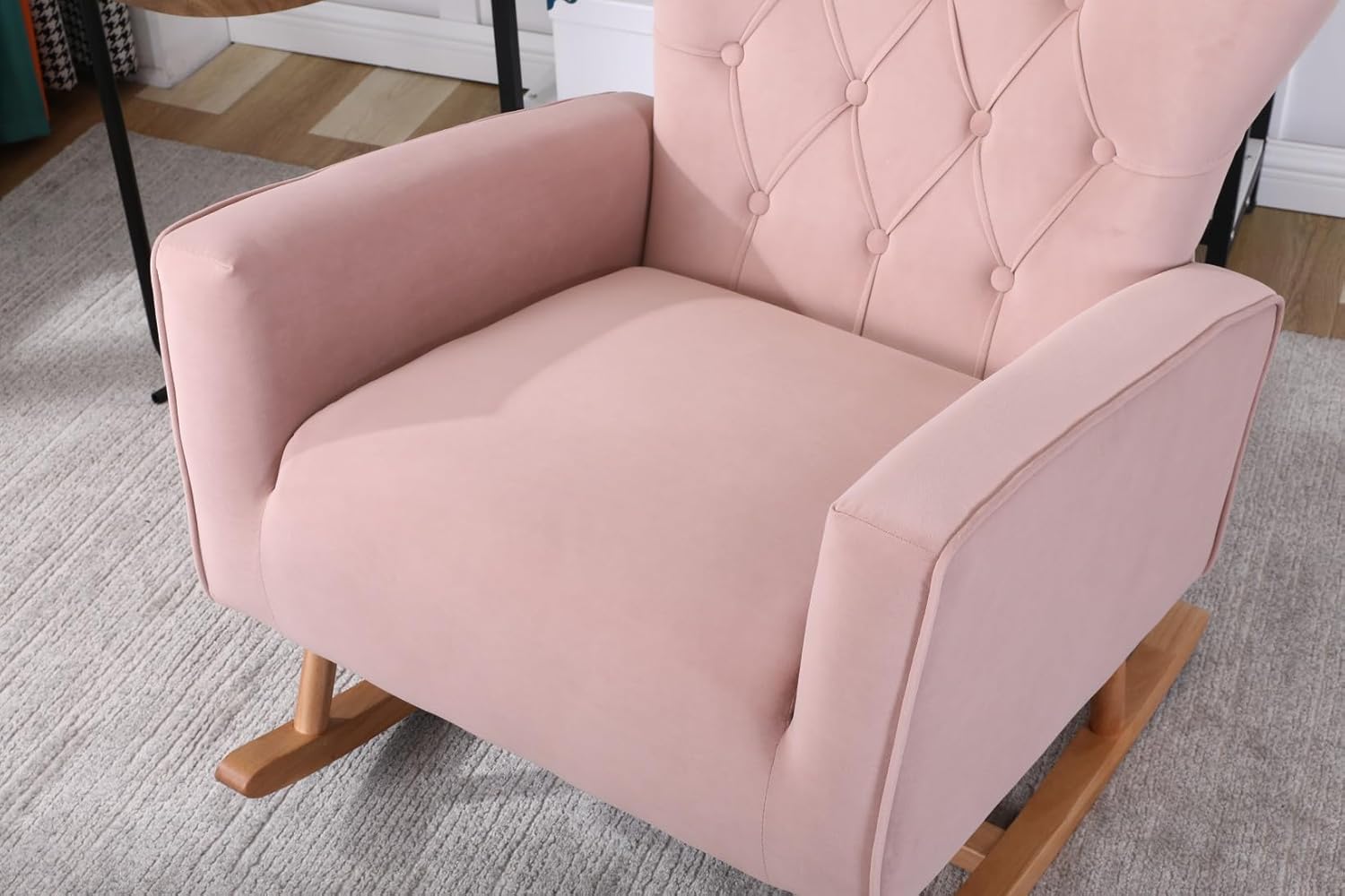 TRIPLE TREE Mecedora de terciopelo, moderna silla mecedora tapizada con respaldo alto, cómoda mecedora con asiento acolchado y base de madera, silla