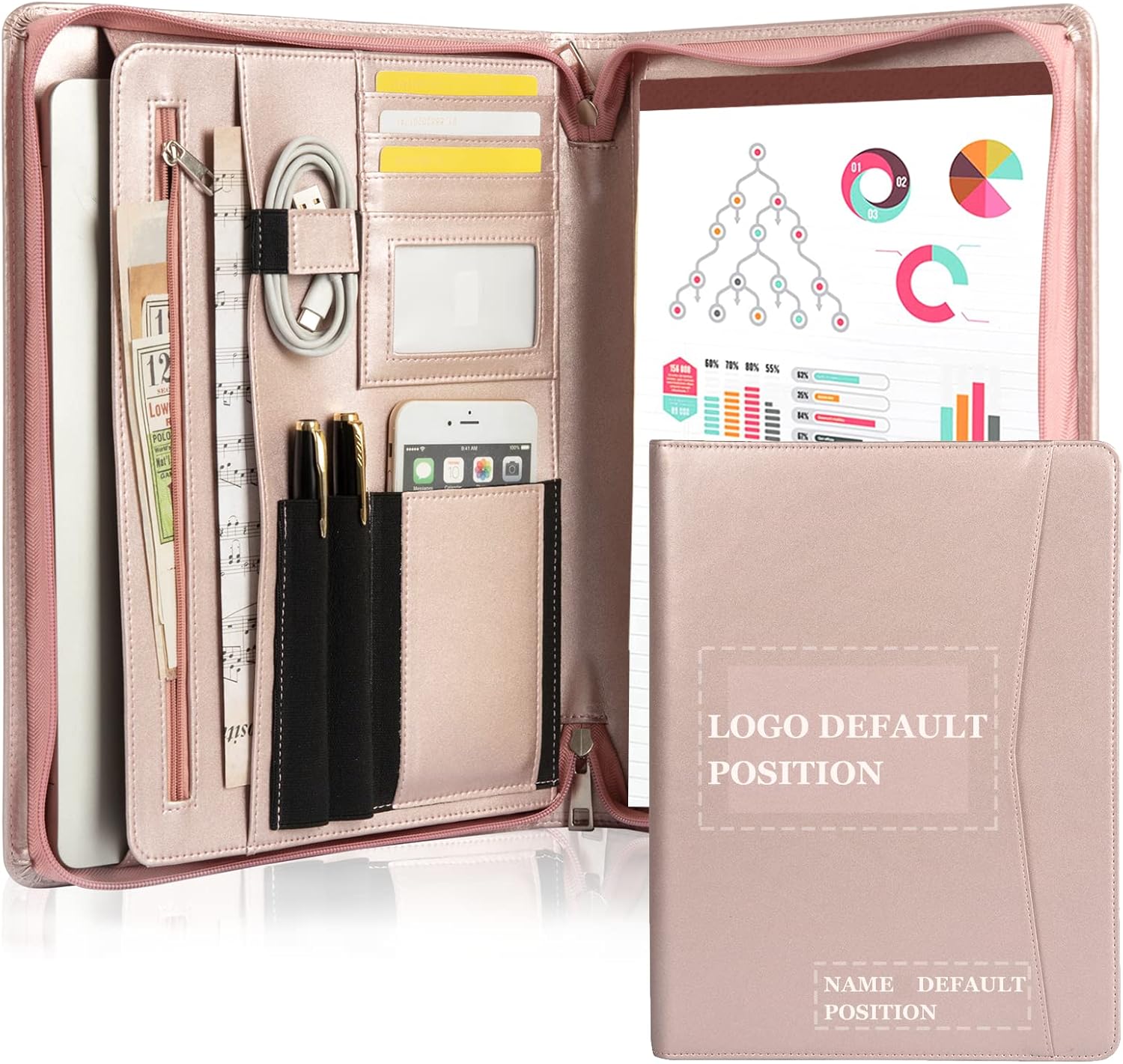 Portafolio de cuero personalizado con cremallera, cartera de negocios profesional con soporte para bloc de escritura de letras A4US para