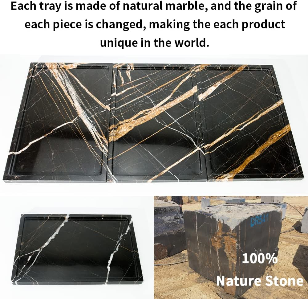 Bandeja de almacenamiento de mármol natural de lujo para decoración del hogar, bandeja de piedra para bañococinatocadoraparador sin resina(negro