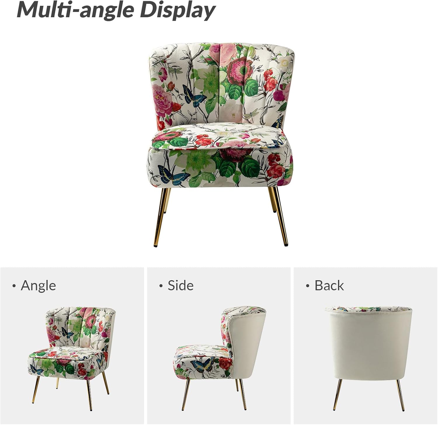 HULALA HOME Silla decorativa con patas de metal dorado, cómoda silla de sala de estar, silla lateral pequeña sin brazos de tela floral, silla