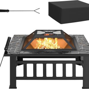 Rankok Mesa multifuncional de 32 pulgadas para fogata al aire libre con pantalla de chispa, rejilla de fuego y chimenea cuadrada de metal para Rankok Mesa multifuncional de 32 pulgadas para fogata al aire libre con pantalla de chispa, rejilla de fuego y chimenea cuadrada de metal para