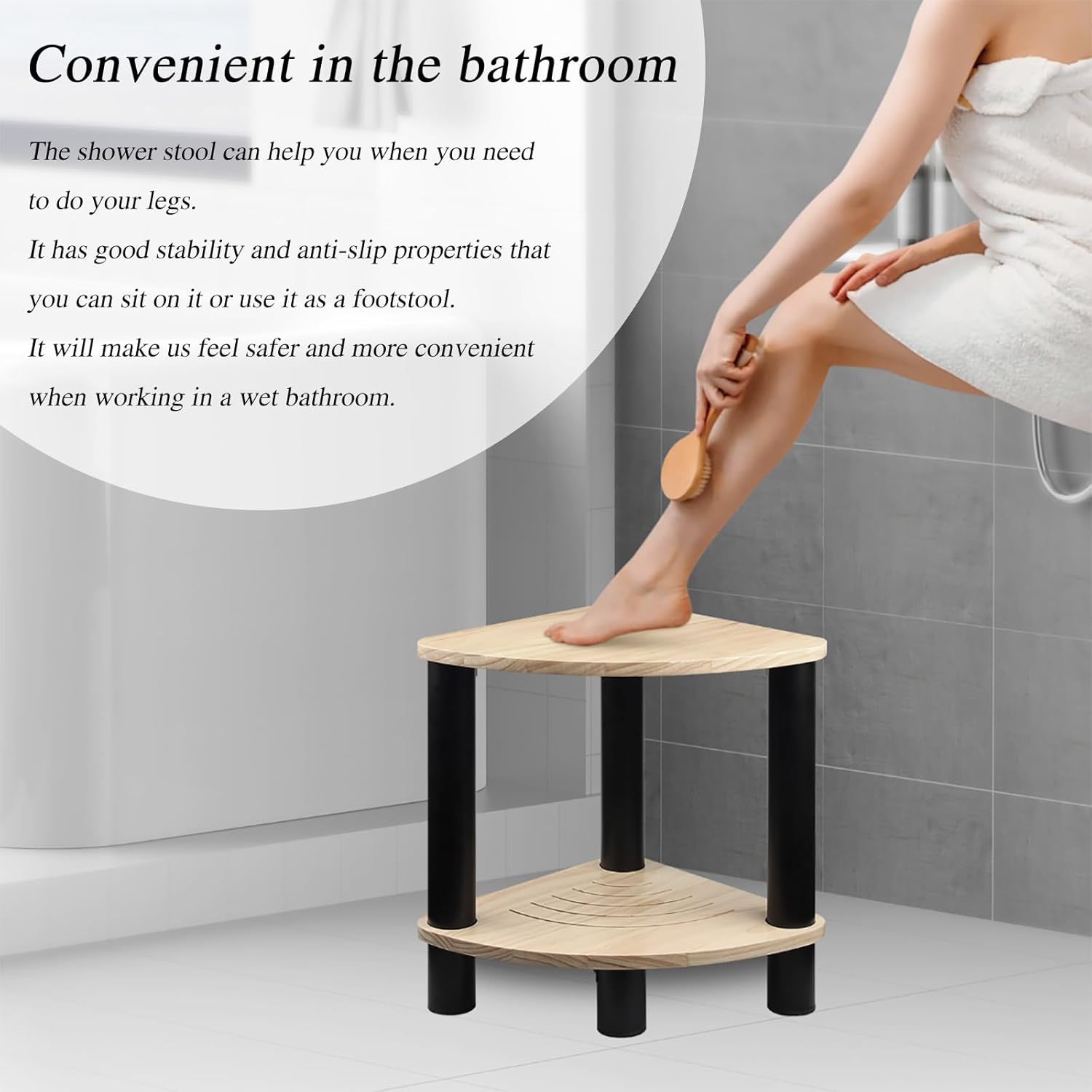 GOSCHE Taburete de ducha de metal para ducha interior, taburete de ducha de esquina de 16 pulgadas para afeitarse las piernas, reposapiés de ducha