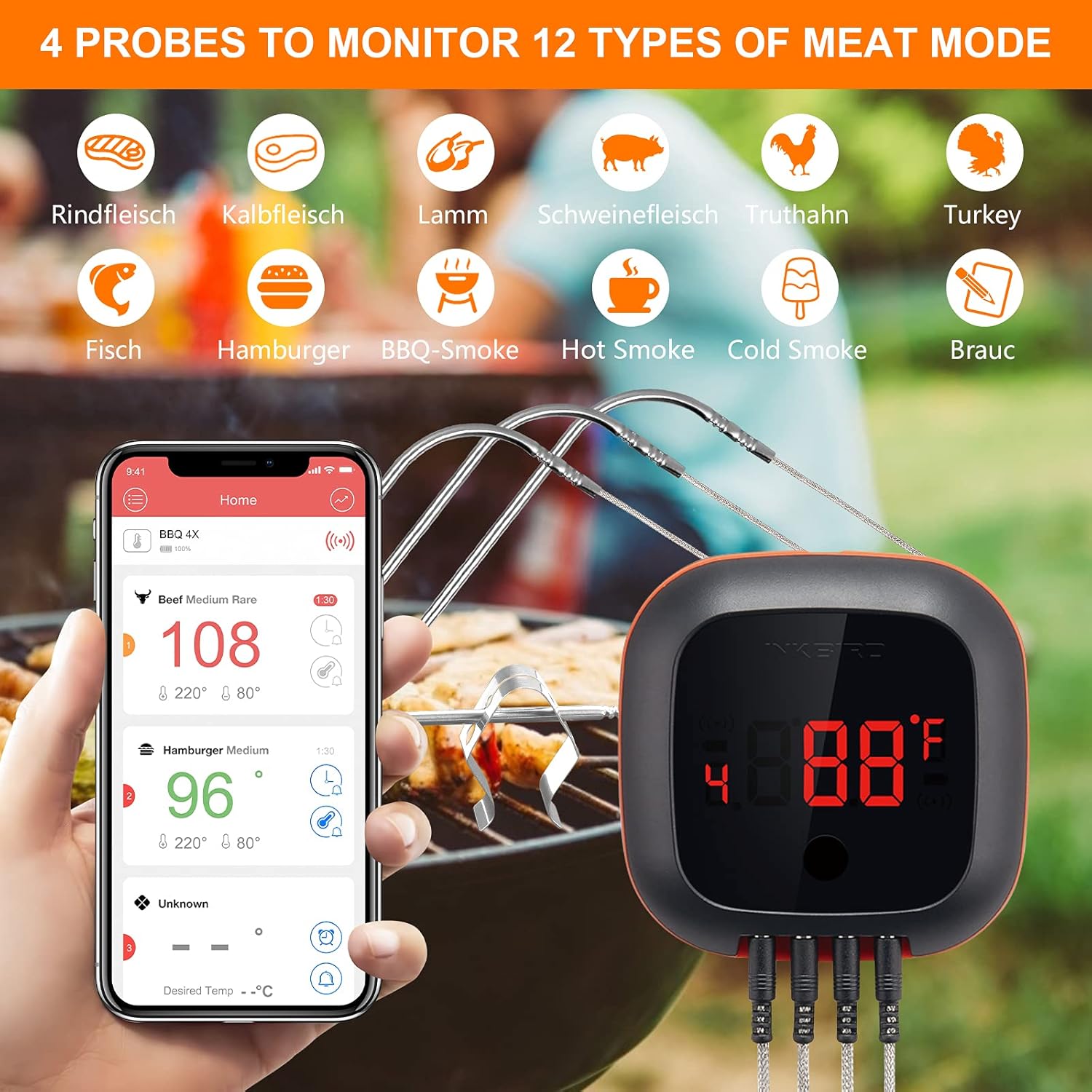 Inkbird Termómetro Bluetooth para barbacoa y estuche de almacenamiento de transporte, 4 sondas termómetro inalámbrico para carne con temporizador,