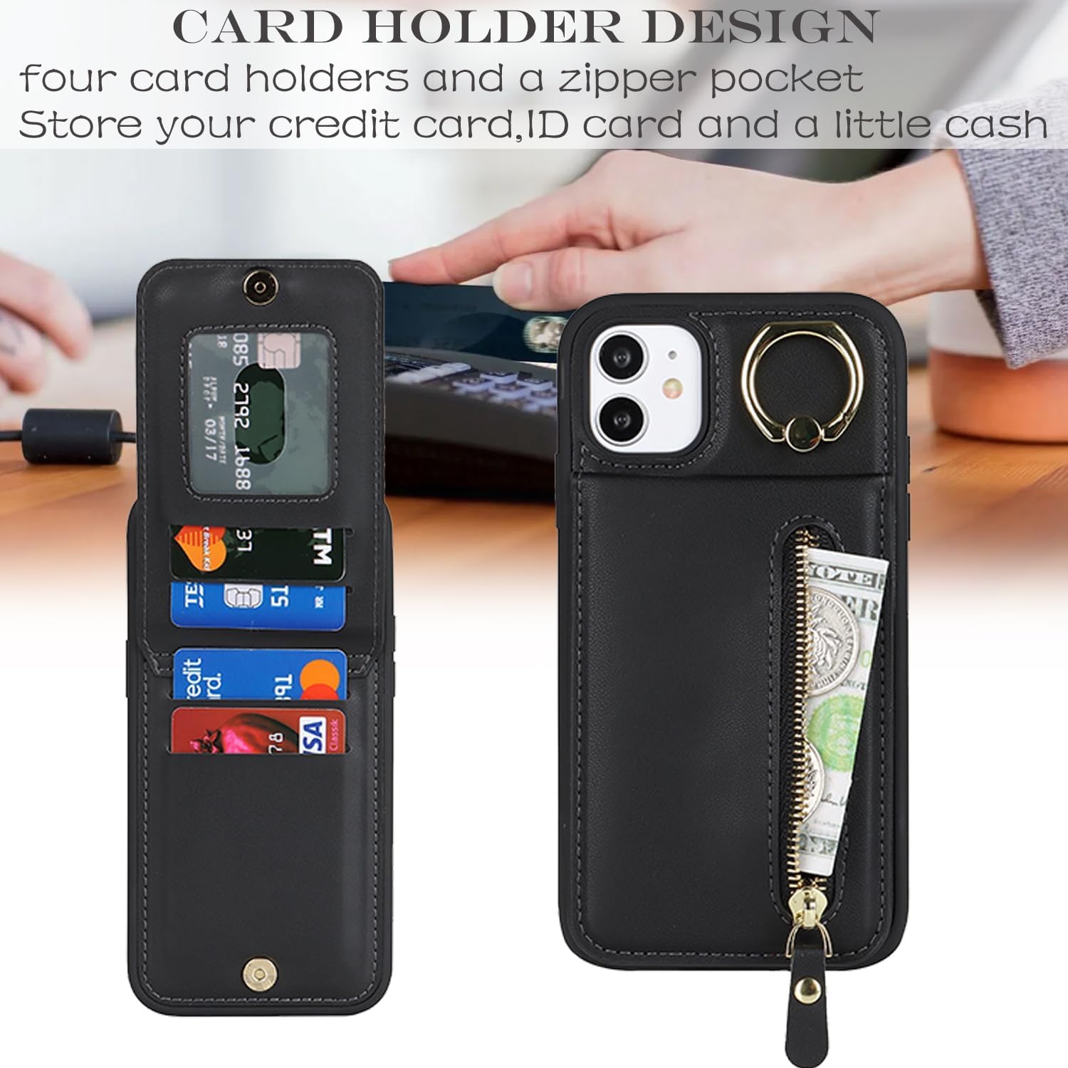 Funda para iPhone 11 con tarjetero para mujer, iPhone 11 con tarjeta de crédito con anillo de soporte, cremallera, a prueba de golpes, delgada, para