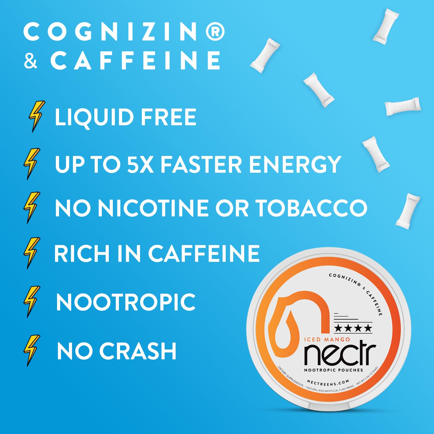 STARTER PACK PRO – NECTR – Bolsas de energía nootrópicas  Mango helado, menta fresca y explosión de bayas  250 mg de cognizina  120 mg de cafeína