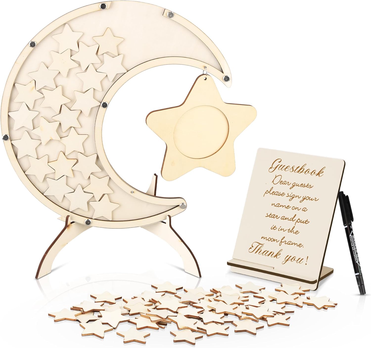 Libro de invitados alternativo para baby shower, tablero de letrero de luna, marco de fotos con 60 bloques de madera de estrella, libro de invitados