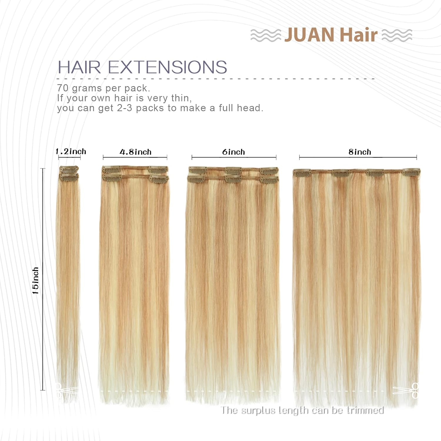 Extensiones de cabello humano real de color rubio fresa a rubio decolorado, extensiones de cabello humano real, 12 pulgadas, 7 unidades, 2.47 onzas,