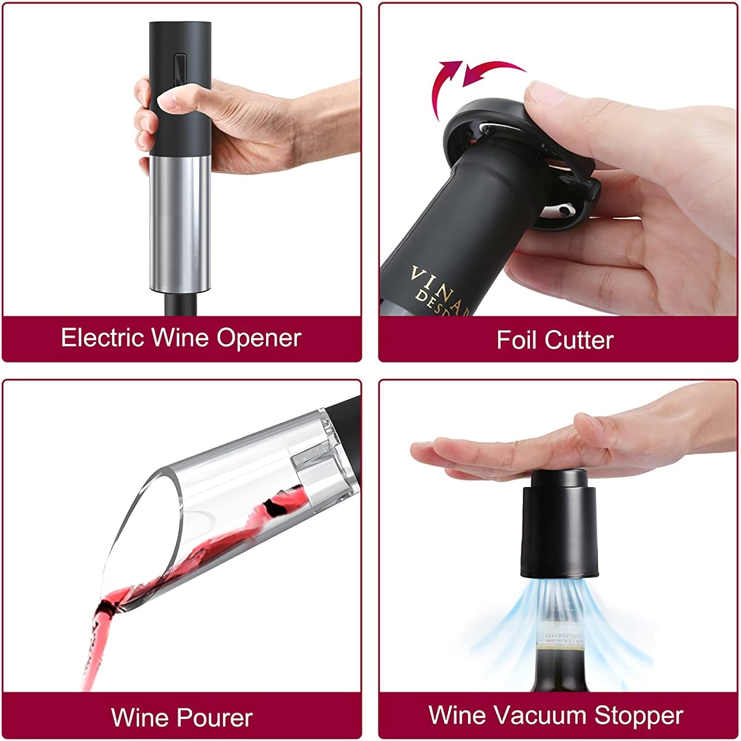 Abrevino eléctrico 4 en 1 juego de regalo con cortador de aluminio, tapón al vacío, vertedor de vino, funciona con pilas para fiestas, cocina y