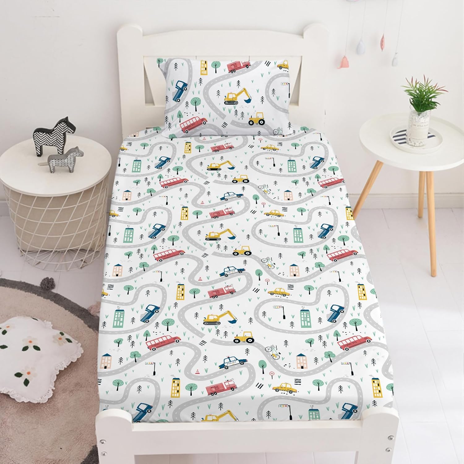 Twin Kids Fitted Sheets Road Traffic Themed Sheet and Pillowcases Set Cute Cartoon Truck Bed Boys Twin Sheet Set 2 Piece Bedding Decor Set