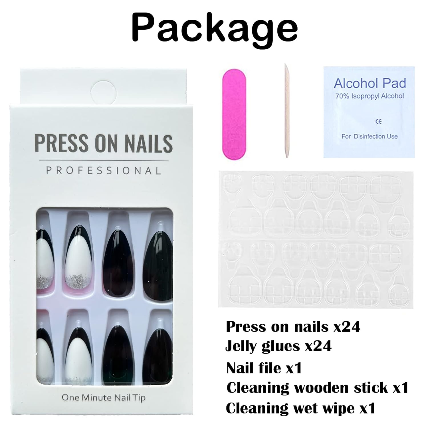 Uñas postizas a presión con punta francesa con purpurina, uñas postizas acrílicas de cobertura completa con pegamento para uñas, uñas postizas