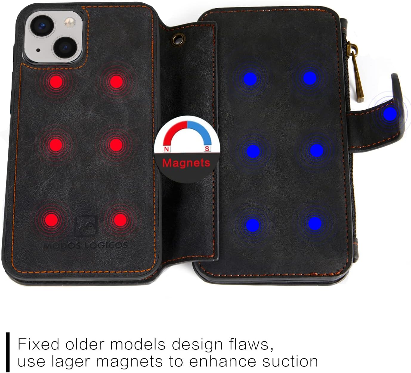 MODOS LOGICOS Funda compatible con iPhone 15 de 6.1 pulgadas, cartera desmontable, almacenamiento en efectivo con cremallera, hasta 14 ranuras para