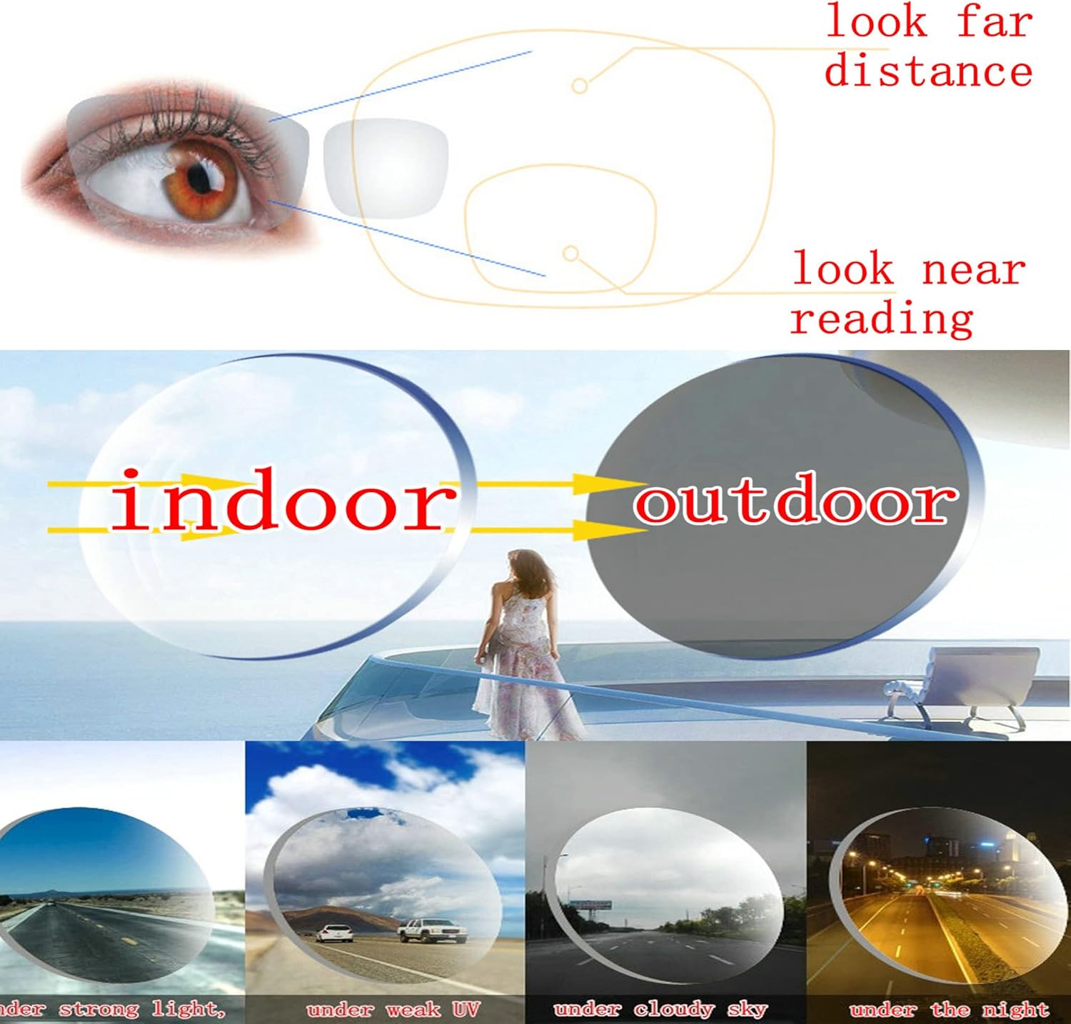 mincl Gafas de lectura bifocales con montura de cristal brillante con diamantes de imitación para mujer, lentes de sol fotocromáticos de transición
