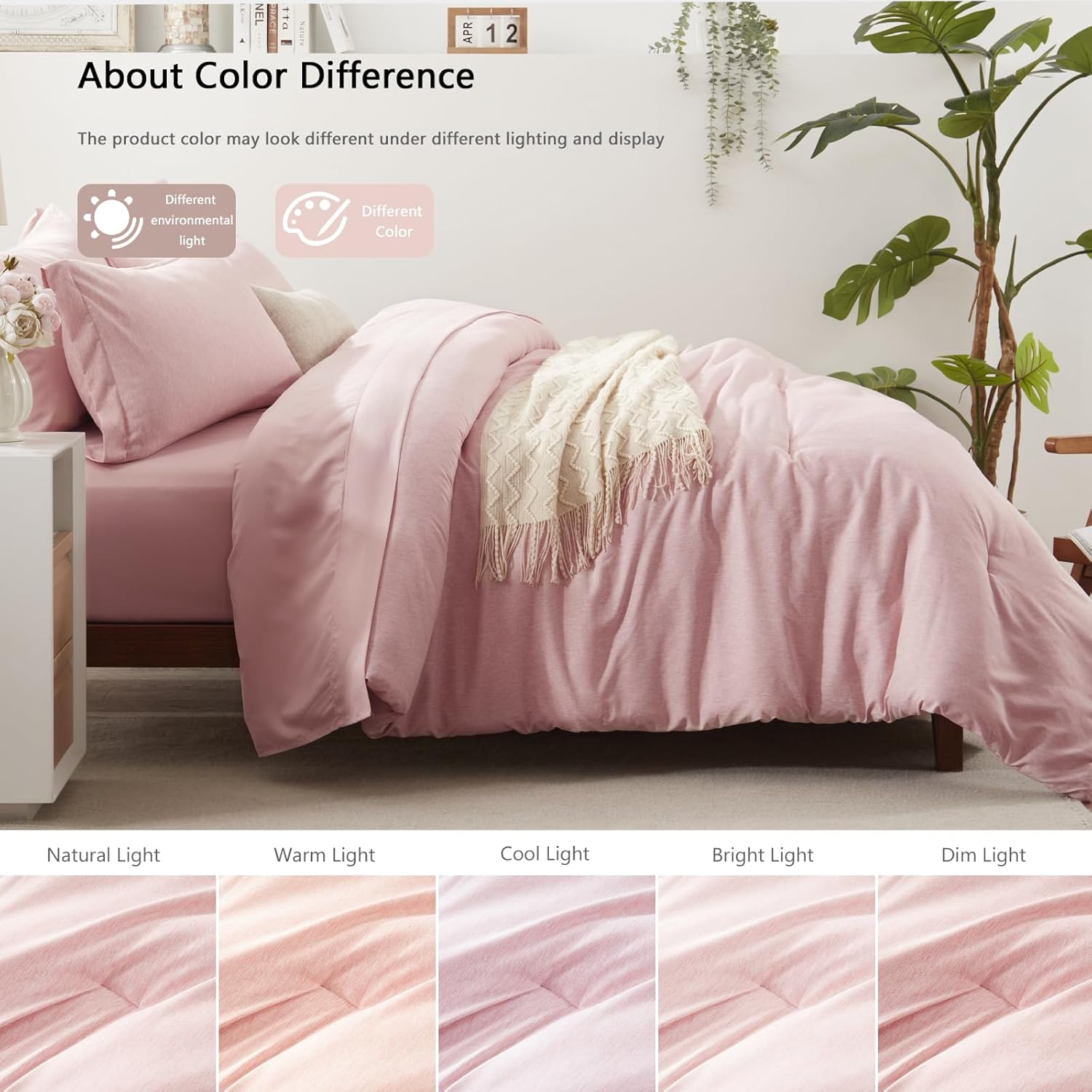 UNILIBRA Juego de edredón matrimonial de 7 piezas, cama rosa en una bolsa, tamaño matrimonial, suave para todas las estaciones, juegos de edredón de