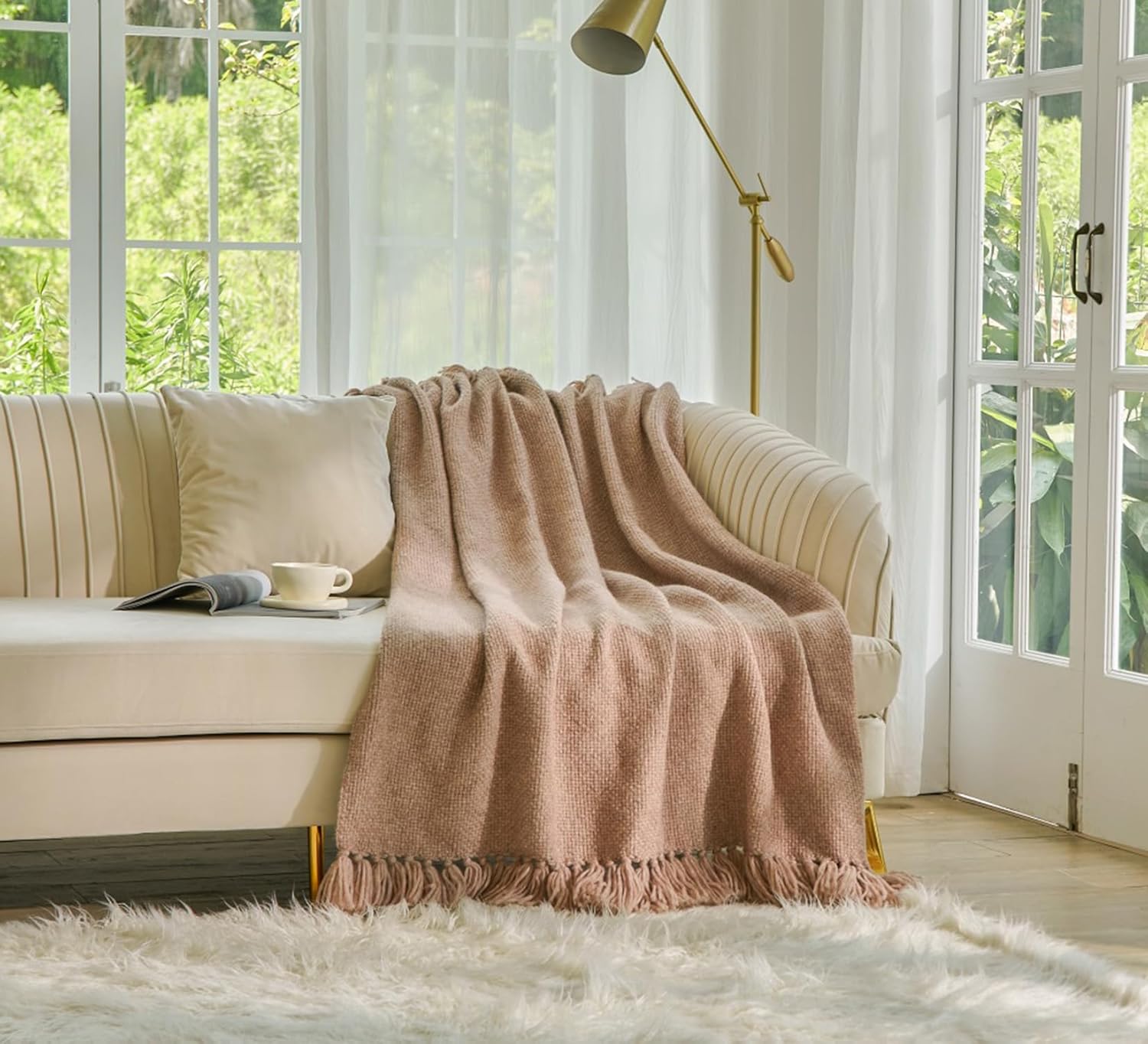 Esterra Manta de alpaca de lujo con elegantes borlas anudadas a mano, acogedora, cálida e hipoalergénica, manta de lana merino de alpaca para sofá,