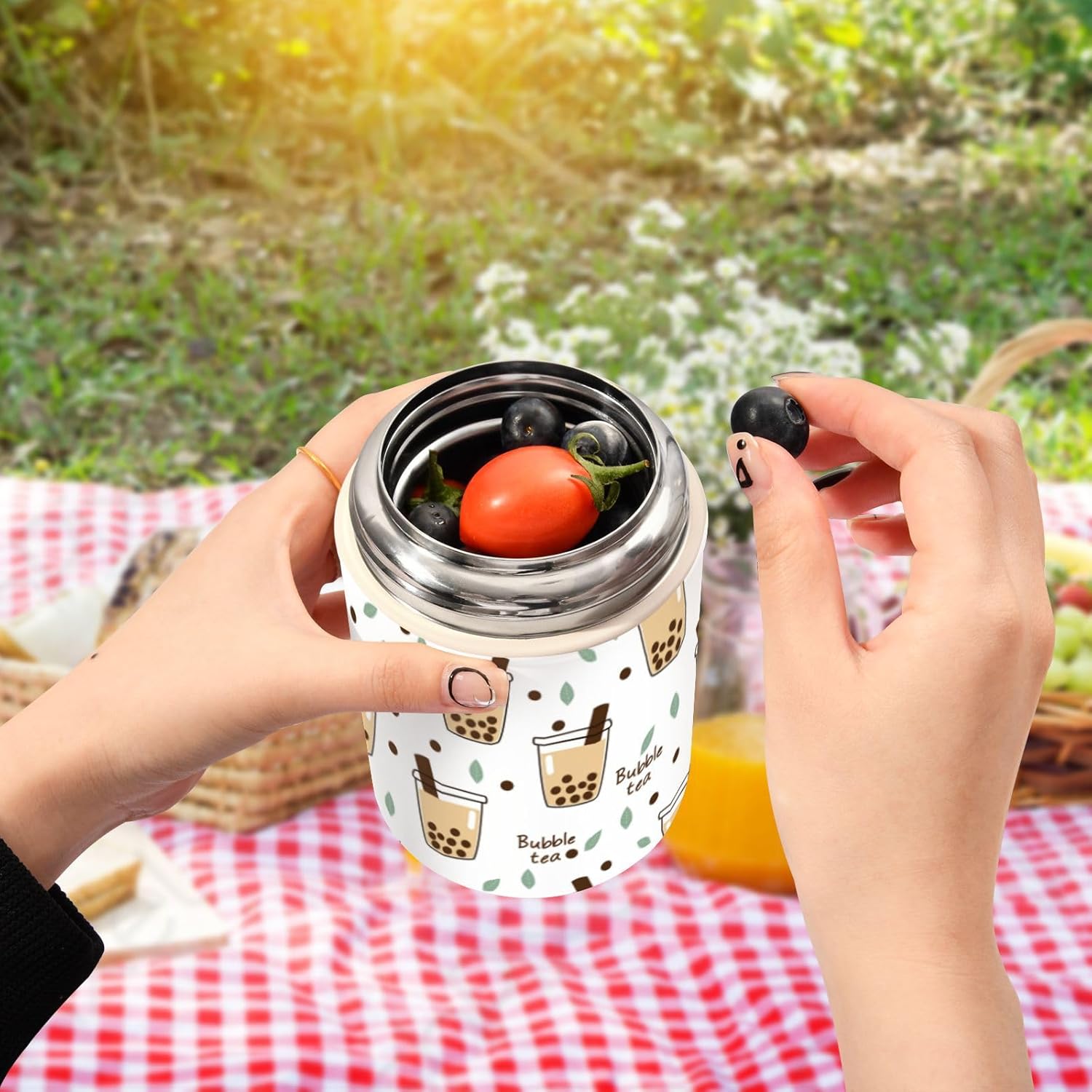 Bubble Milk Tea Cup Green Tea Leaves Kids Womens Insulated Food Jar Container with Spoon 17oz500ml Food Containers For Hot Food Stainless Steel