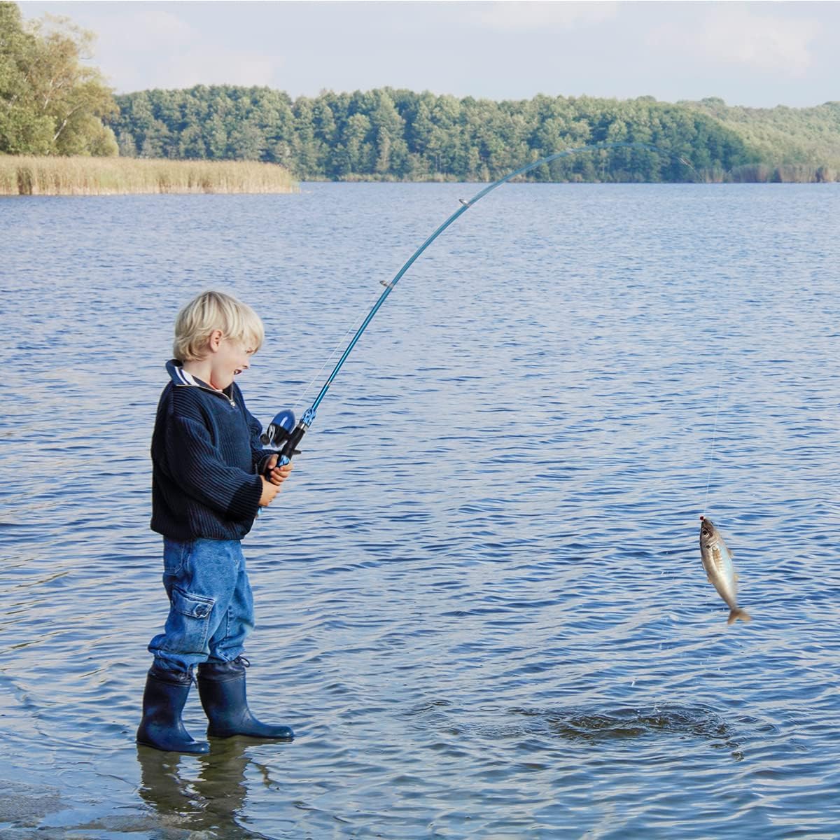 CODEK Kids Fishing Pole Set with Full Starter Kits 2 Set Portable Telescopic Fishing Rod and Spincast Reel Cambos with a Fishing Net and 2 Buckets