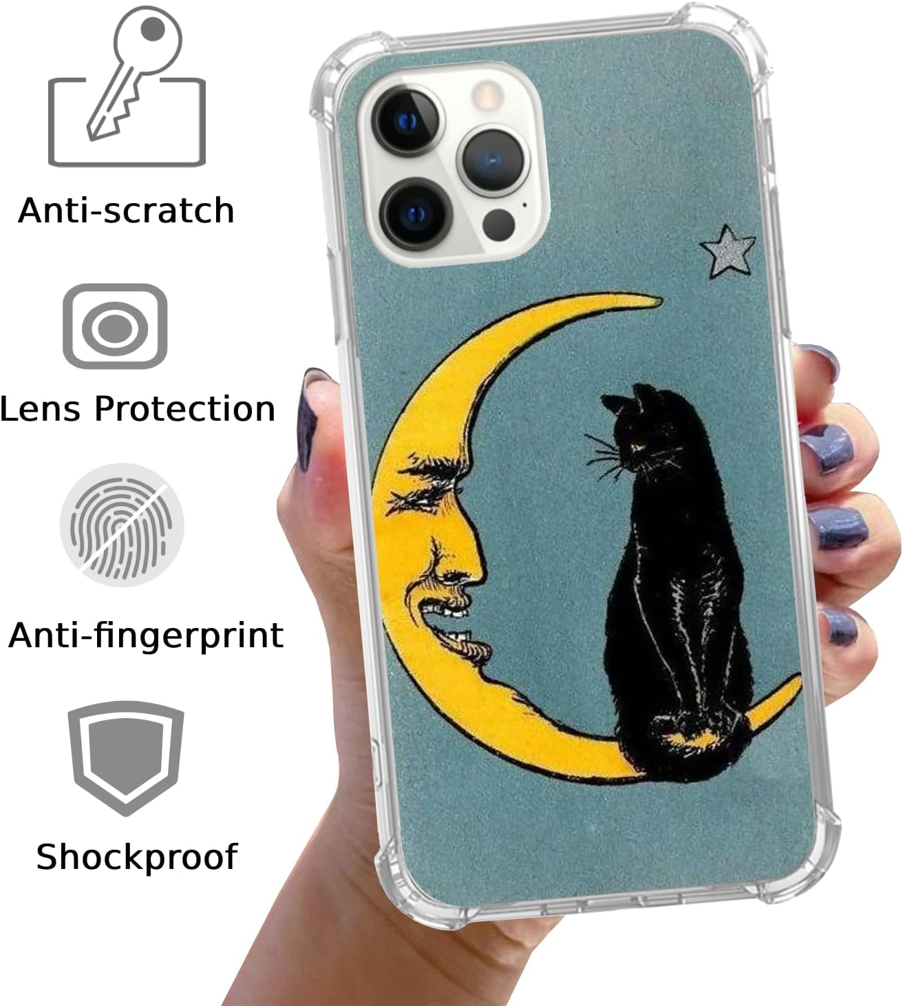 Funda vintage de luna y gato negro compatible con iPhone 15 Pro Max, funda hippie trippy gato y luna para iPhone 15 Pro Max para adolescentes,
