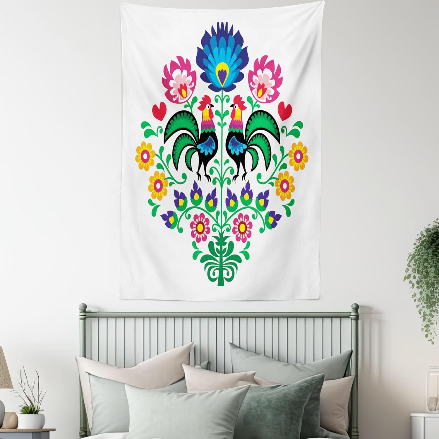 Lunarable Tapiz Gallus, patrón pulido con gallos para jardín, feliz moda, celebración, primavera, eslava, Polonia, decoración para colgar en la