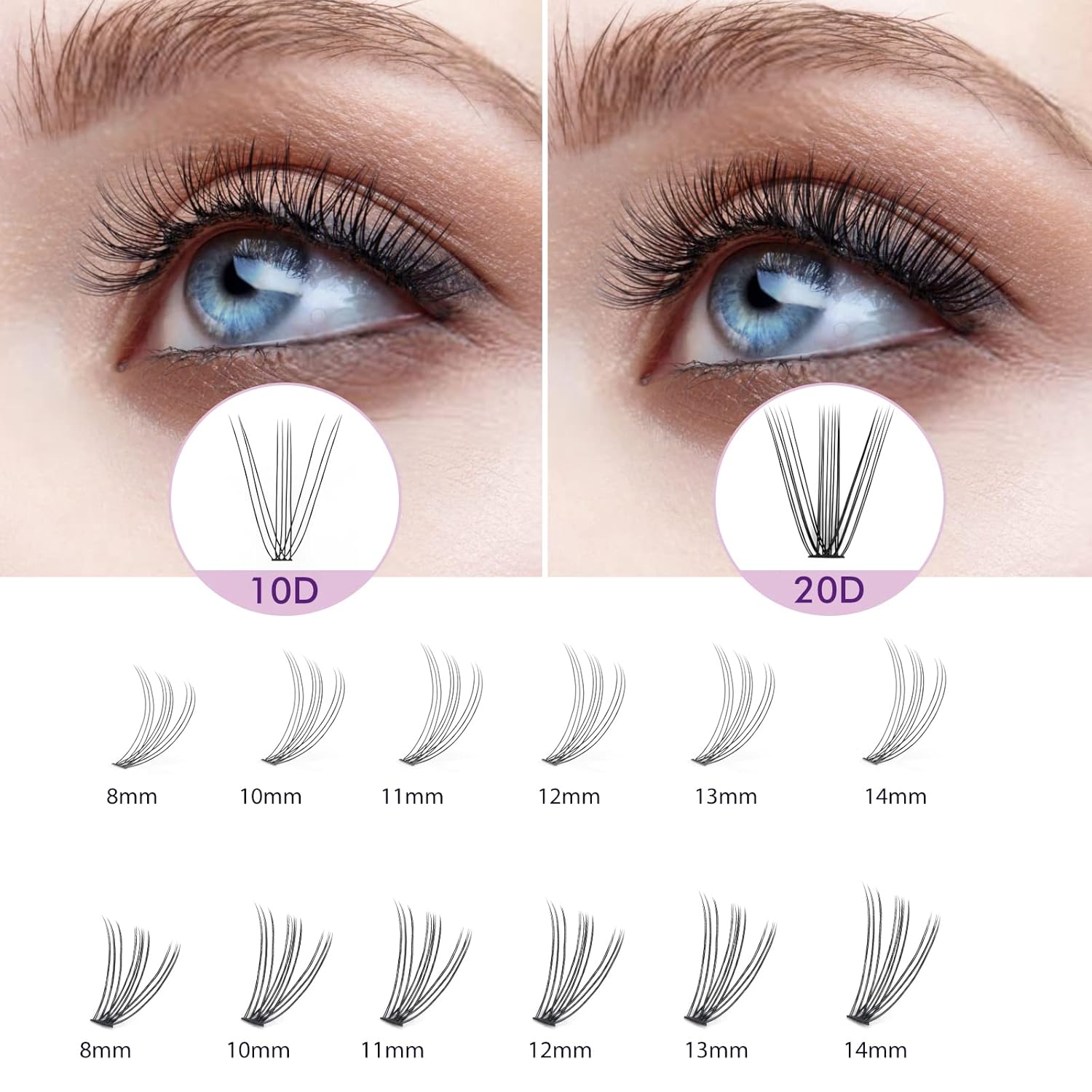 Extensiones de pestañas individuales 10D, 240 unidades, 0.315-0.551 in, mezcla de pestañas rizadas C, grosor 0.07, pestañas naturales reutilizables,