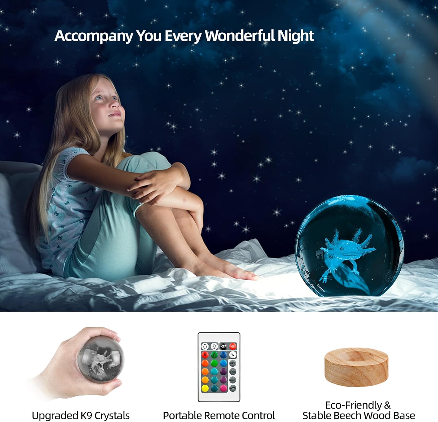 Luz nocturna de bola de cristal de ajolote 3D con control remoto, lámparas de bola de vidrio de ajolote de 3.15 pulgadas con base de madera LED de