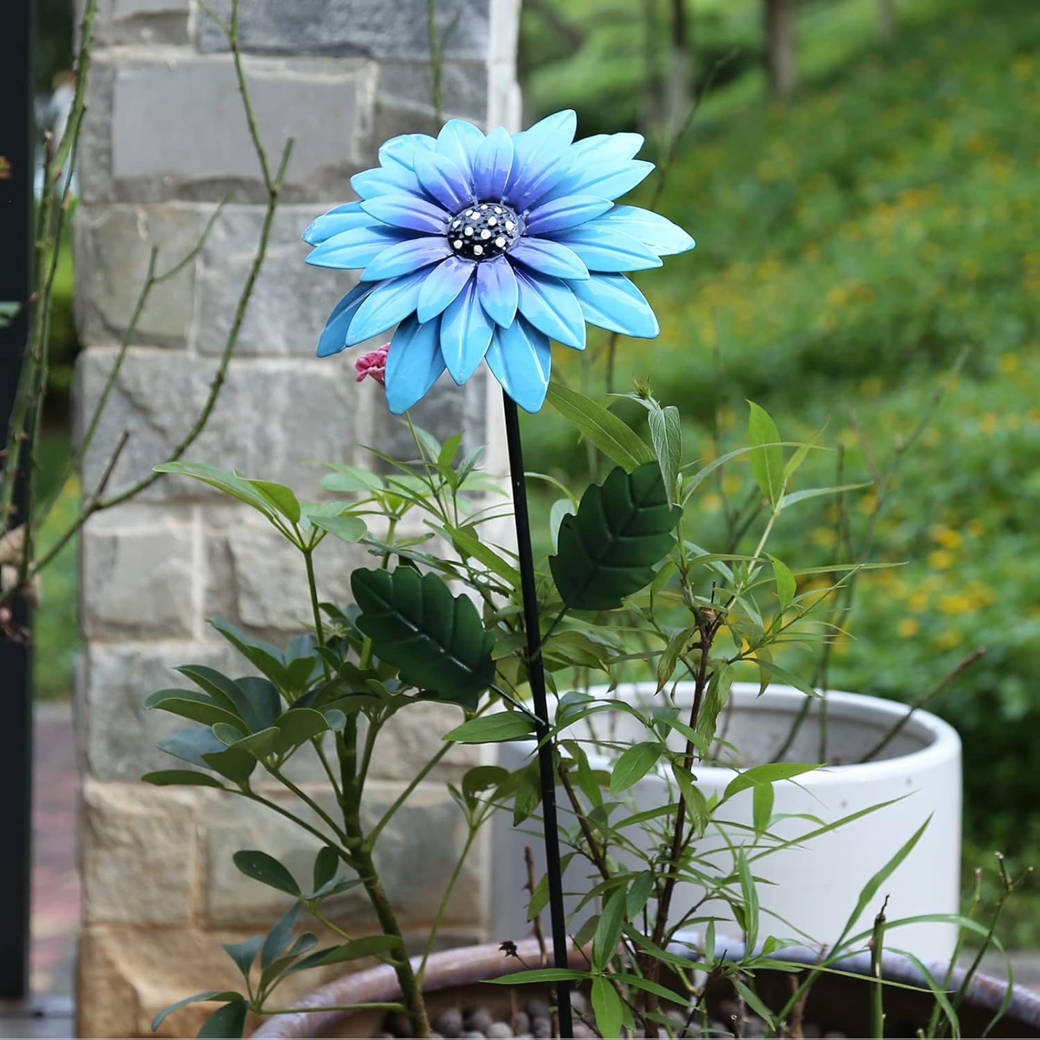 Juego de 3 estacas de metal con girasoles de metal, flores de metal, decoración para exteriores, decoración de patio, plantas de metal para jardín,
