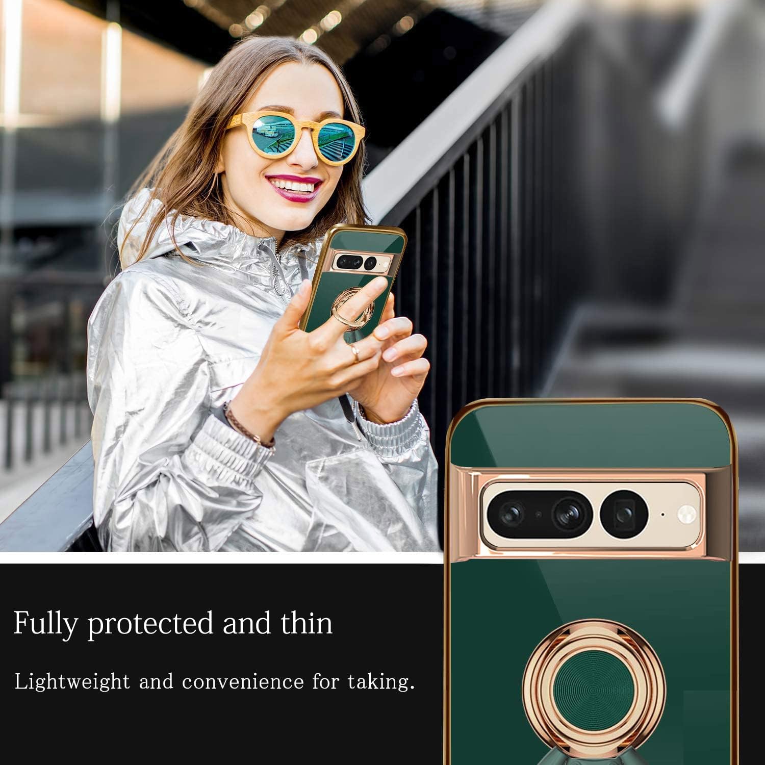 Funda compatible con Google Pixel 7 Pro con soporte de anillo, patrón de astronauta giratorio de 360, color negro, funda protectora delgada de