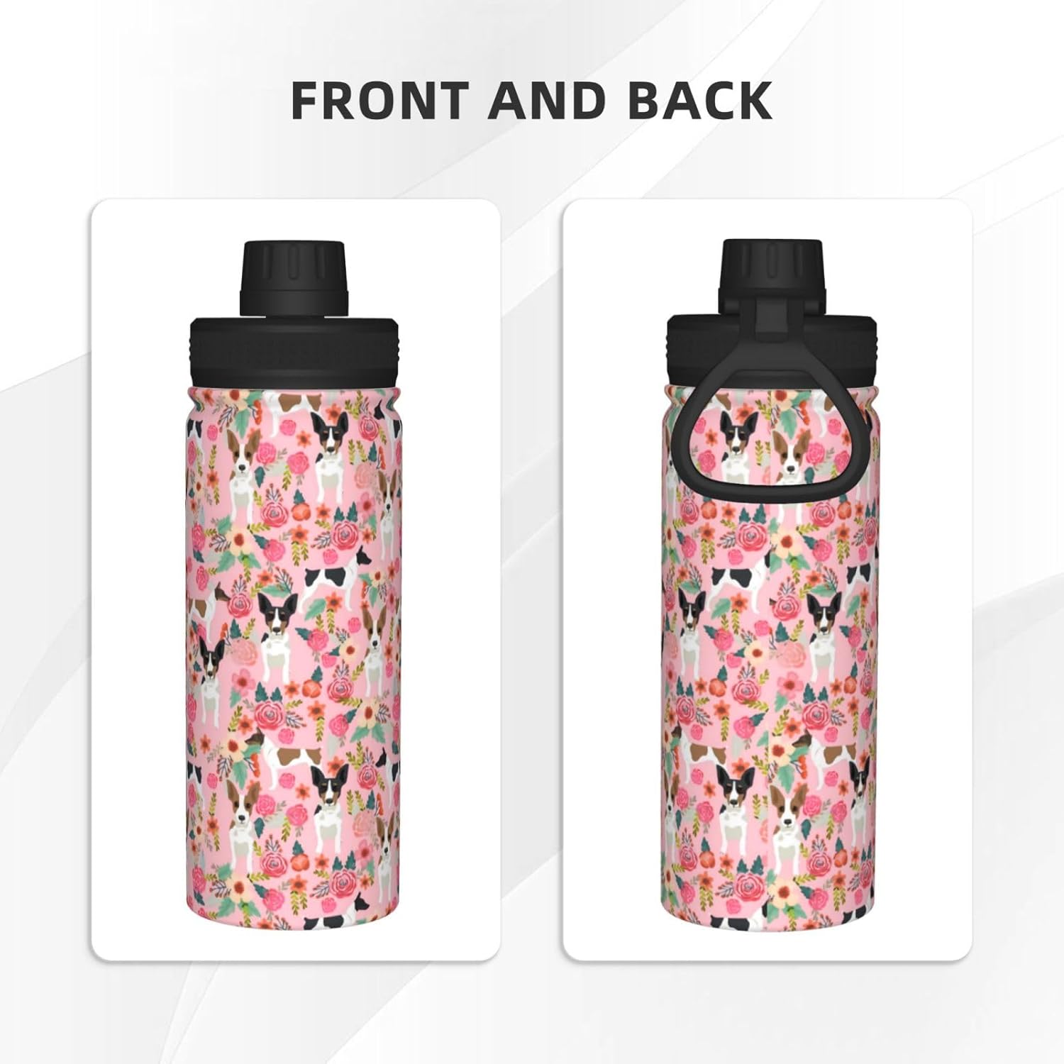 Botellas de agua deportivas aisladas al vacío de acero inoxidable de 18 onzas  Lindas ratas Terrier perro rosas flores tazas con tapa abatible,