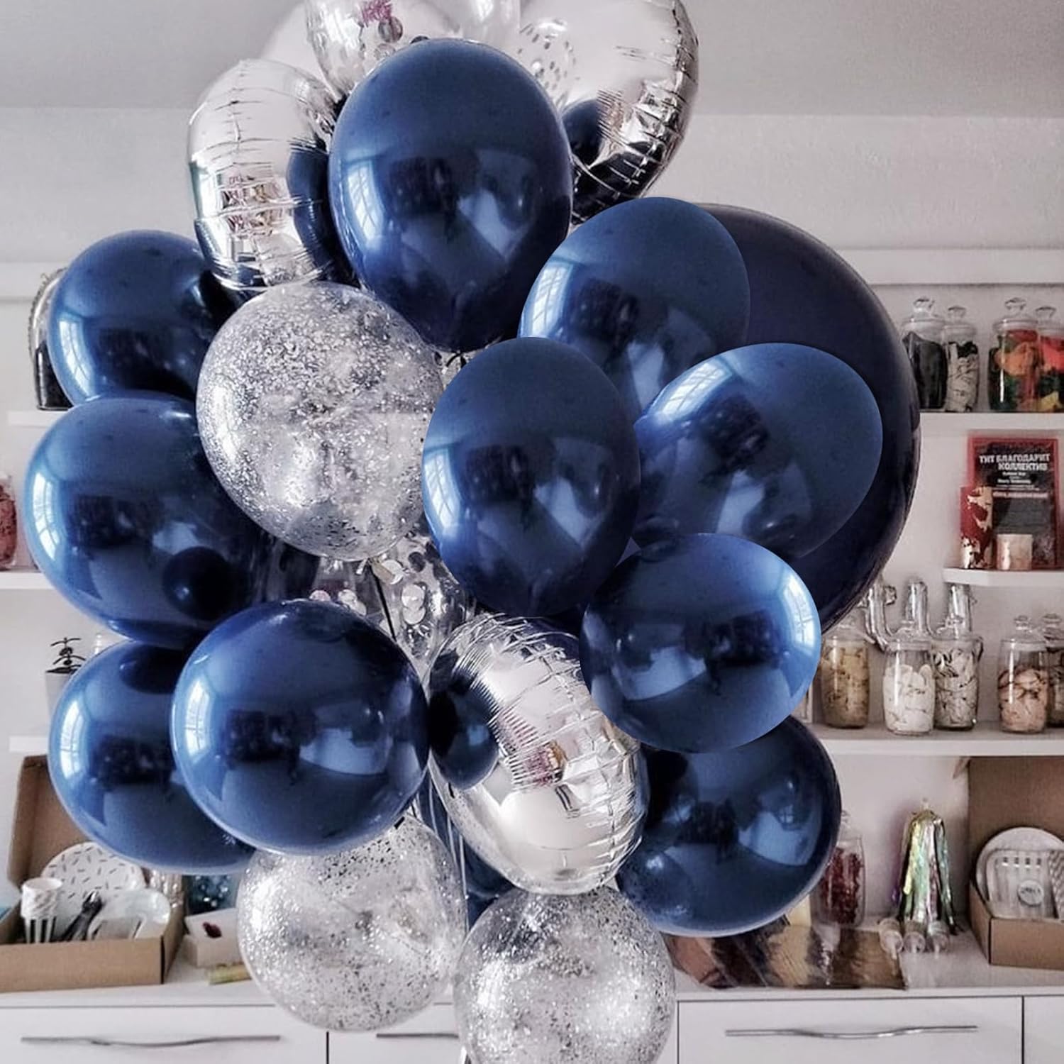 RUBFAC Globos de color azul marino, 50 globos azul oscuro perla de 12 pulgadas, globos de látex gruesos con cinta para cumpleaños, boda, baby