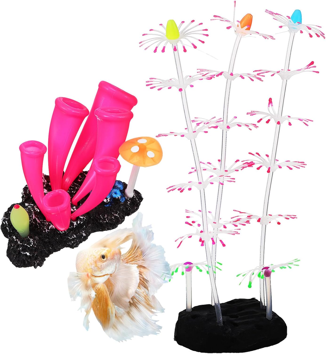 POPETPOP Decoraciones brillantes para pecera, 2 plantas de acuario de simulación de silicona de coral, plantas de acuario, adorno de acuario, planta
