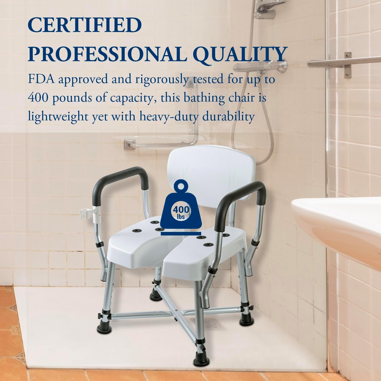 MyGift Silla higiénica ajustable de grado profesional para ducha y bañera con cojín recortado, respaldo de asiento y reposabrazos de agarre