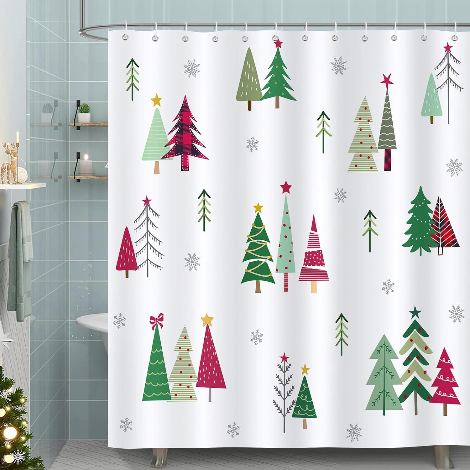 Bonhause Cortina de ducha de árbol de Navidad, diseño de árbol de Navidad, diseño de copos de nieve, decoración de invierno, 72 x 72 pulgadas, tela